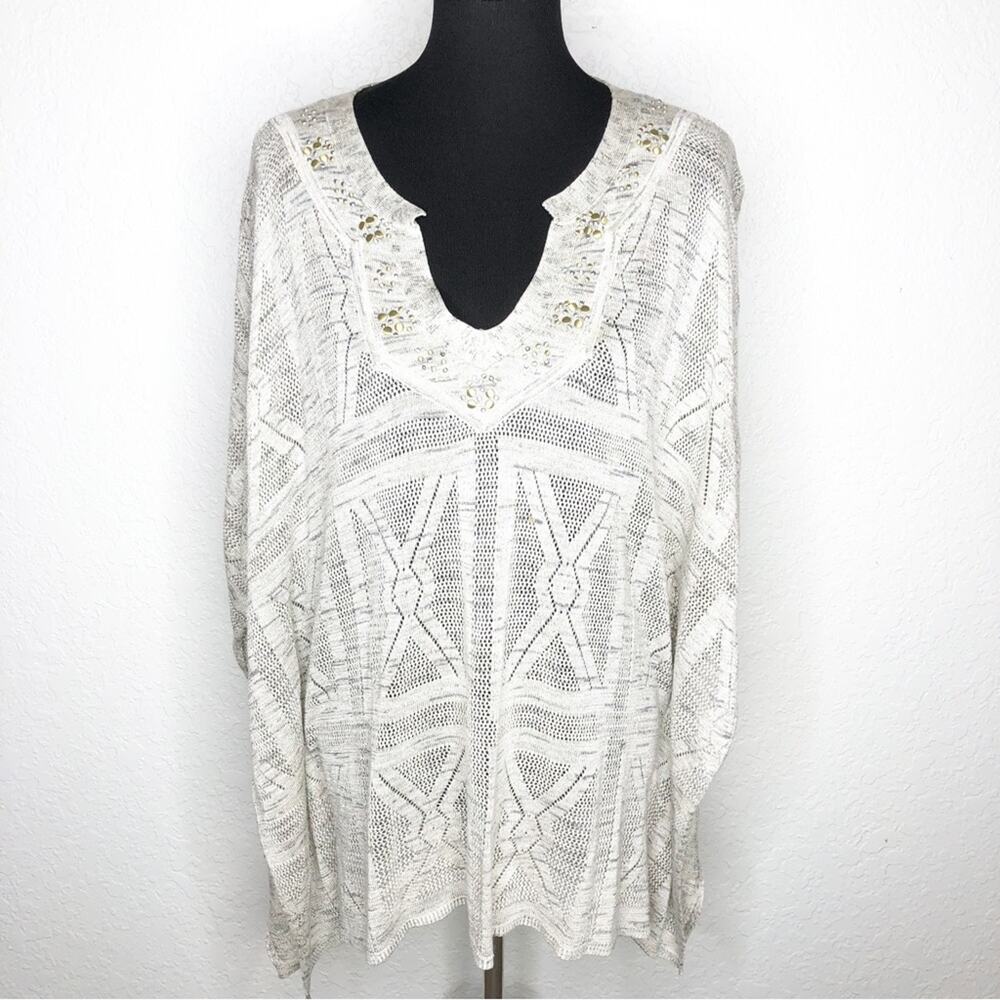 WHBM cream gray beaded neckline poncho style sweater top size Large